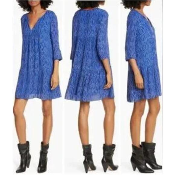 Ba&sh Blue Black Cale Leaf Print Long Sleeve Trapeze Dress - Picture 1 of 6
